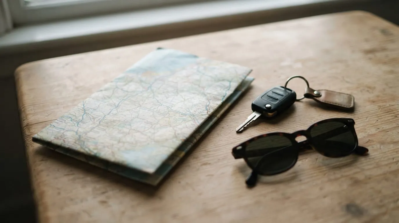 Une carte routière pliée, un jeu de clés de voiture et une paire de lunettes de soleil posés sur une table de bois clair, lumière rasante de fin d'après-midi