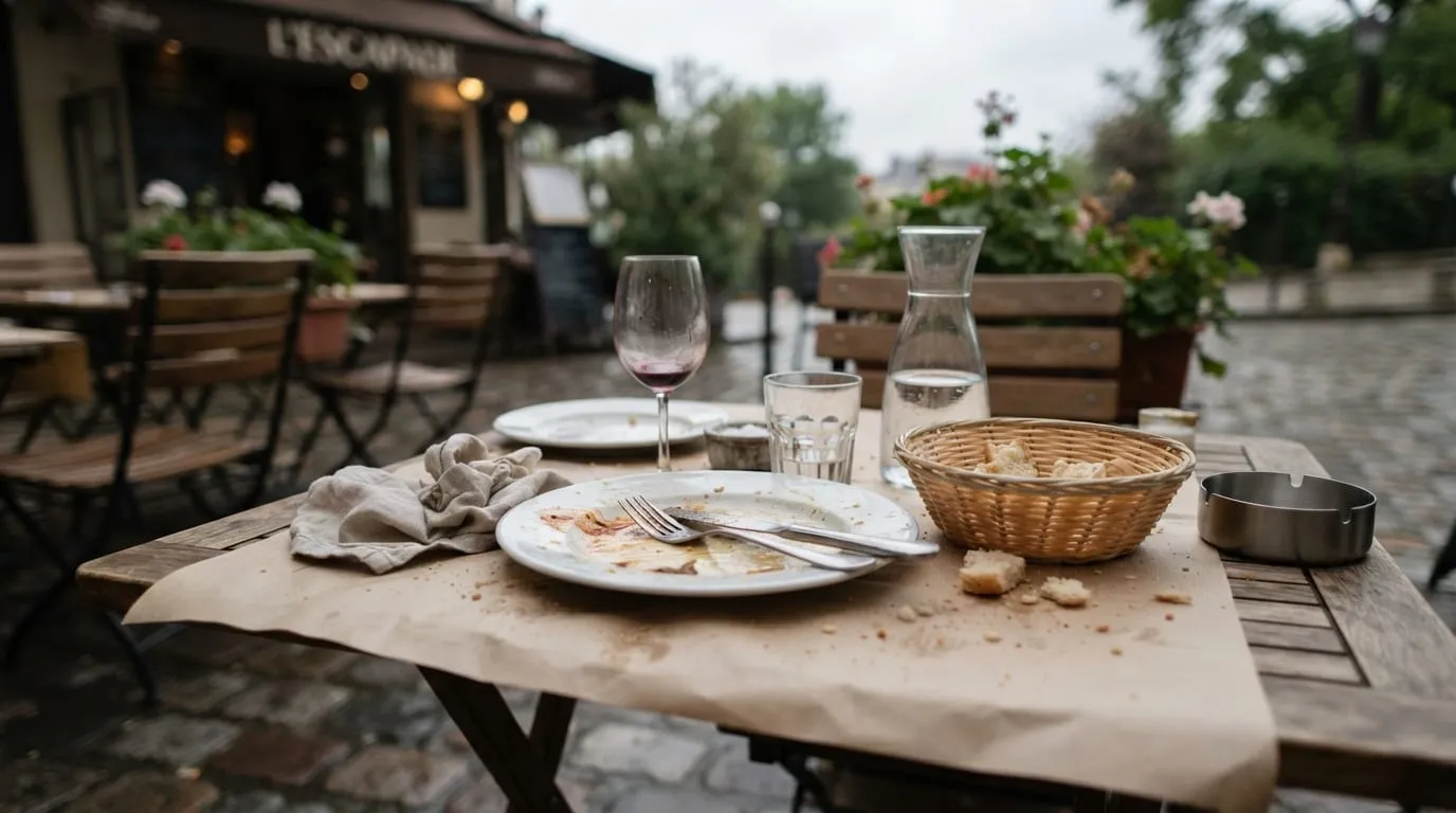 Une table de terrasse desservie en fin de repas, assiettes vides, verres, corbeille de pain, nappe de papier froissée, lumière de fin de journée