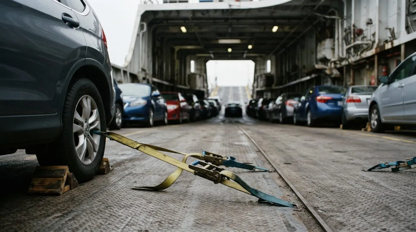 Le pont-garage d’un ferry, voitures serrées sous les néons sur un sol métallique strié.