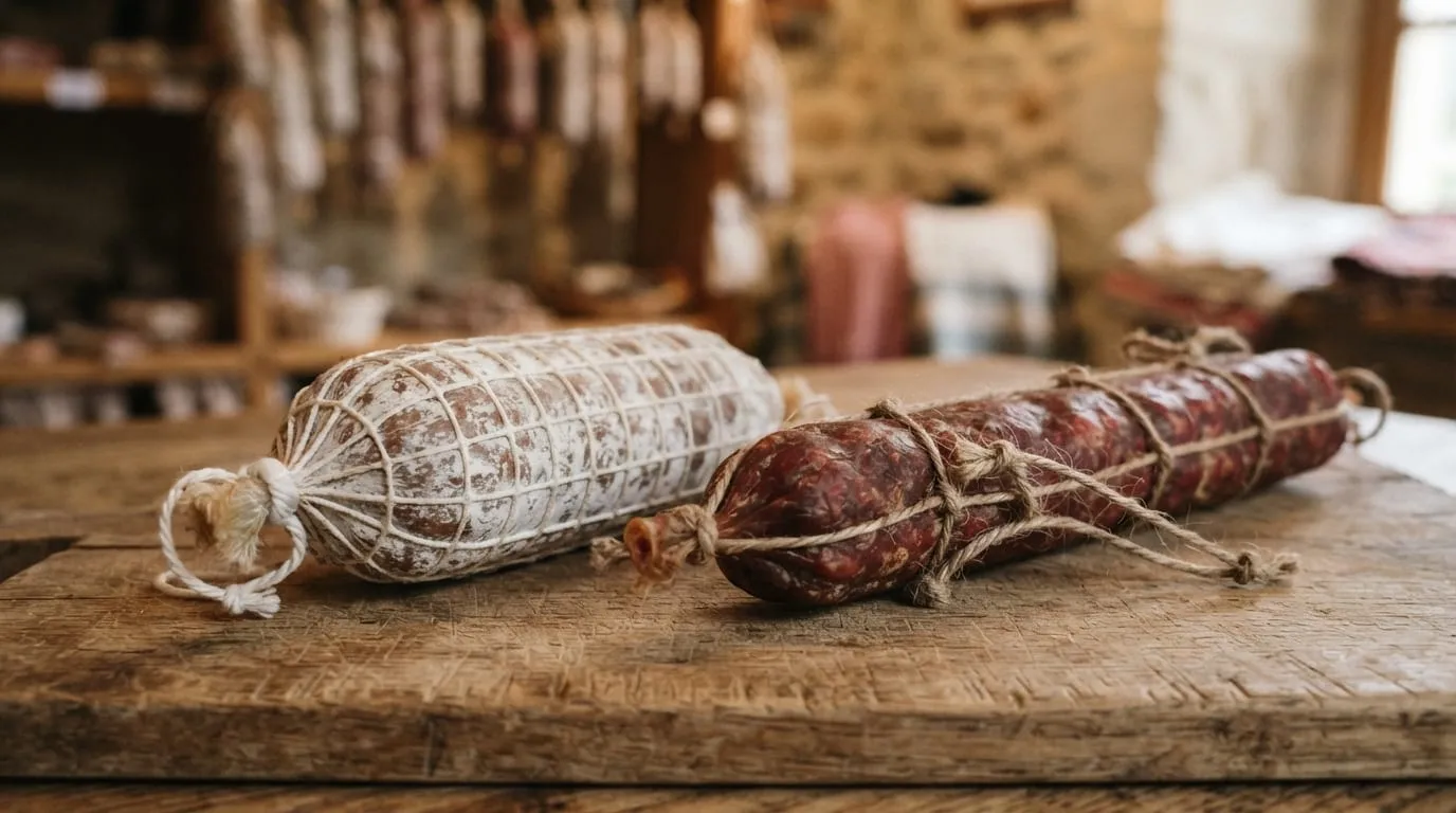 Deux pièces sèches entières côte à côte sur une planche, l’une courte et large sous filet, l’autre longue et fine sous boyau, ficelles apparentes