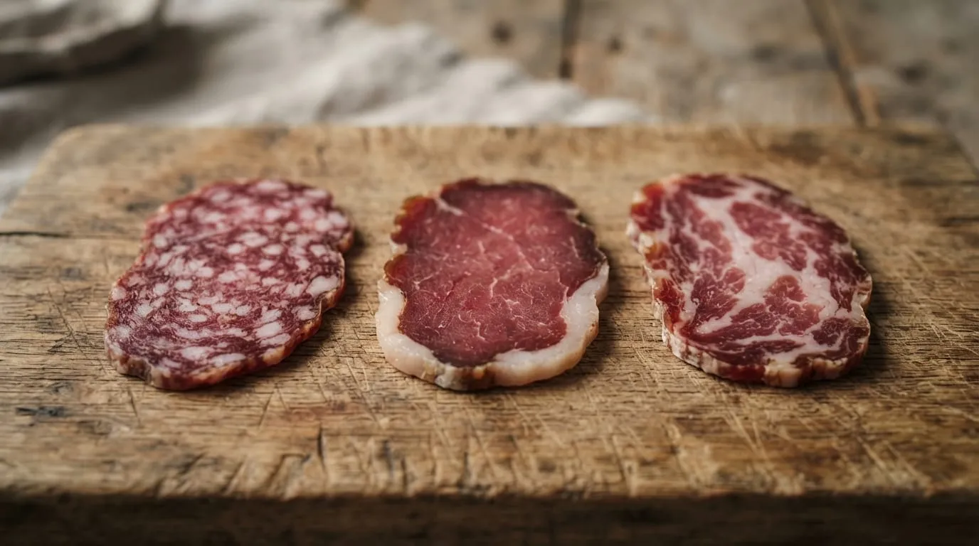 Tranches de coppa, de lonzu et de panzetta posées côte à côte sur une planche de bois, gras visible