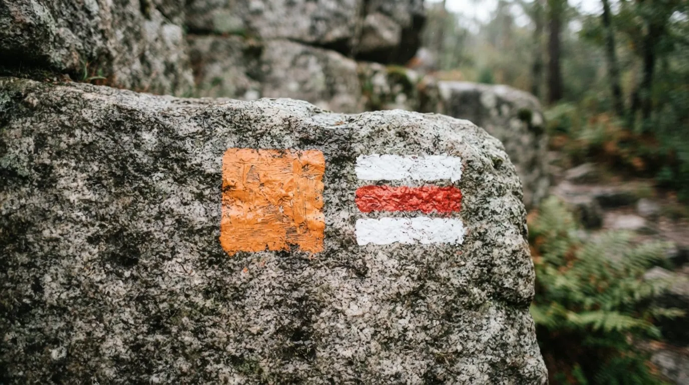 Deux balises peintes côte à côte sur un même rocher de granite, une orange et une blanche et rouge