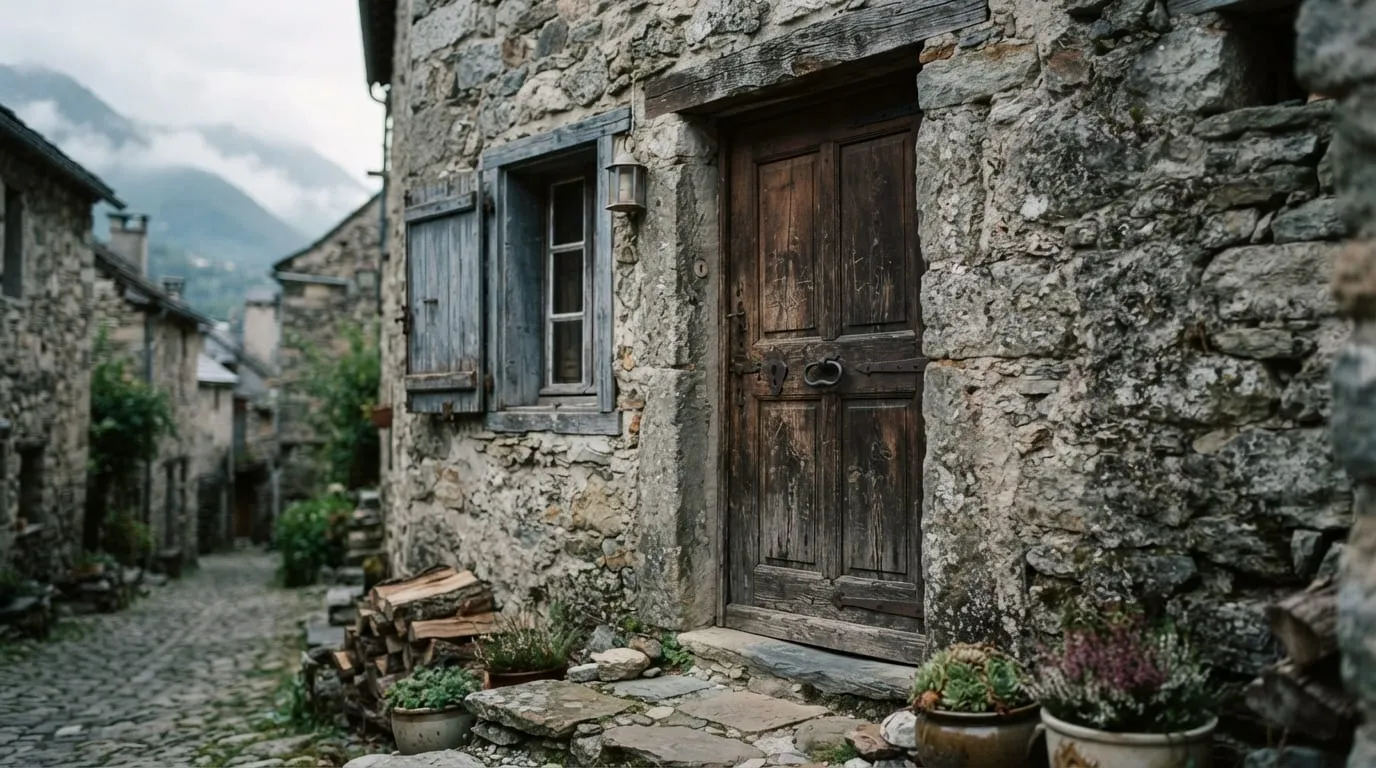 Une porte de gîte d'étape en village corse, volet bois et pierre sèche, en fin de journée