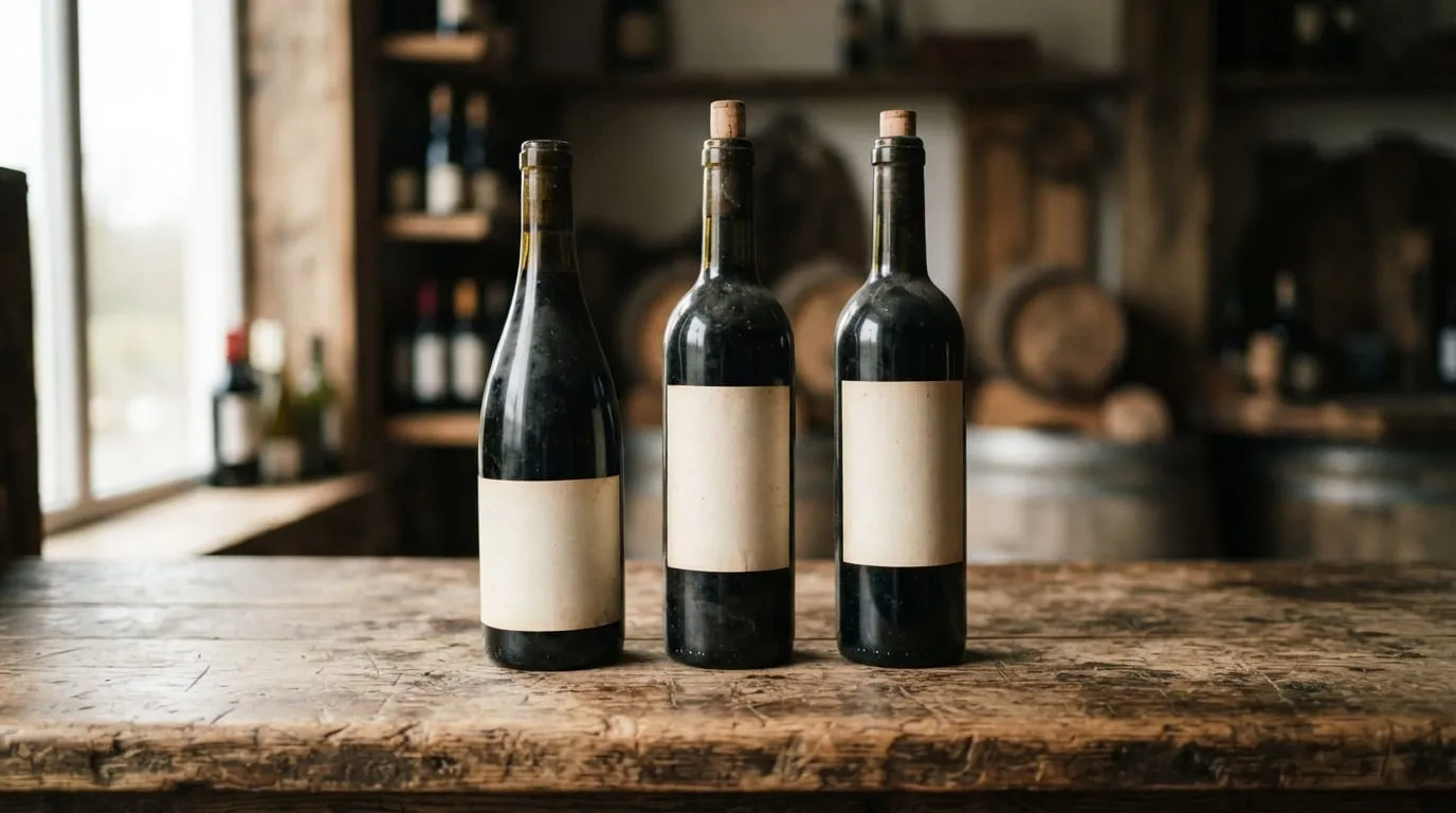 Trois bouteilles de vin alignées sur un comptoir de bois usé, étiquettes de face, lumière rasante de fin de matinée