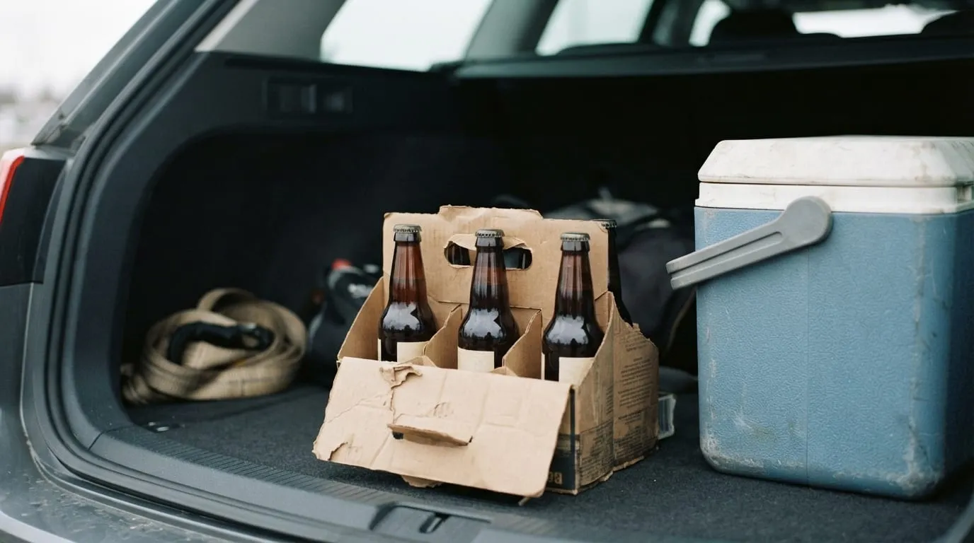 Un carton de six bouteilles ouvert dans un coffre de voiture, cales en carton, une glacière rigide posée à côté