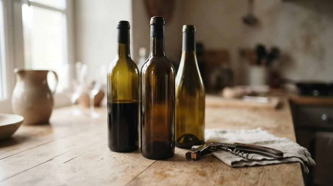 Trois bouteilles de vin corse posées sur un comptoir de bois, étiquettes tournées vers l’avant