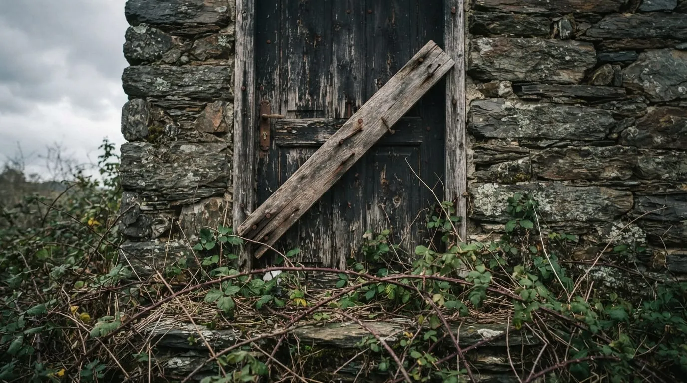 Une porte de maison en schiste condamnée par une planche clouée en travers, ronces devant le seuil