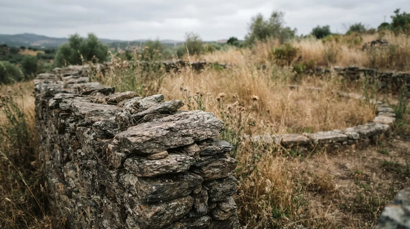 Un mur de pierre sèche en schiste et, derrière, une aire à battre circulaire envahie d’herbe sèche