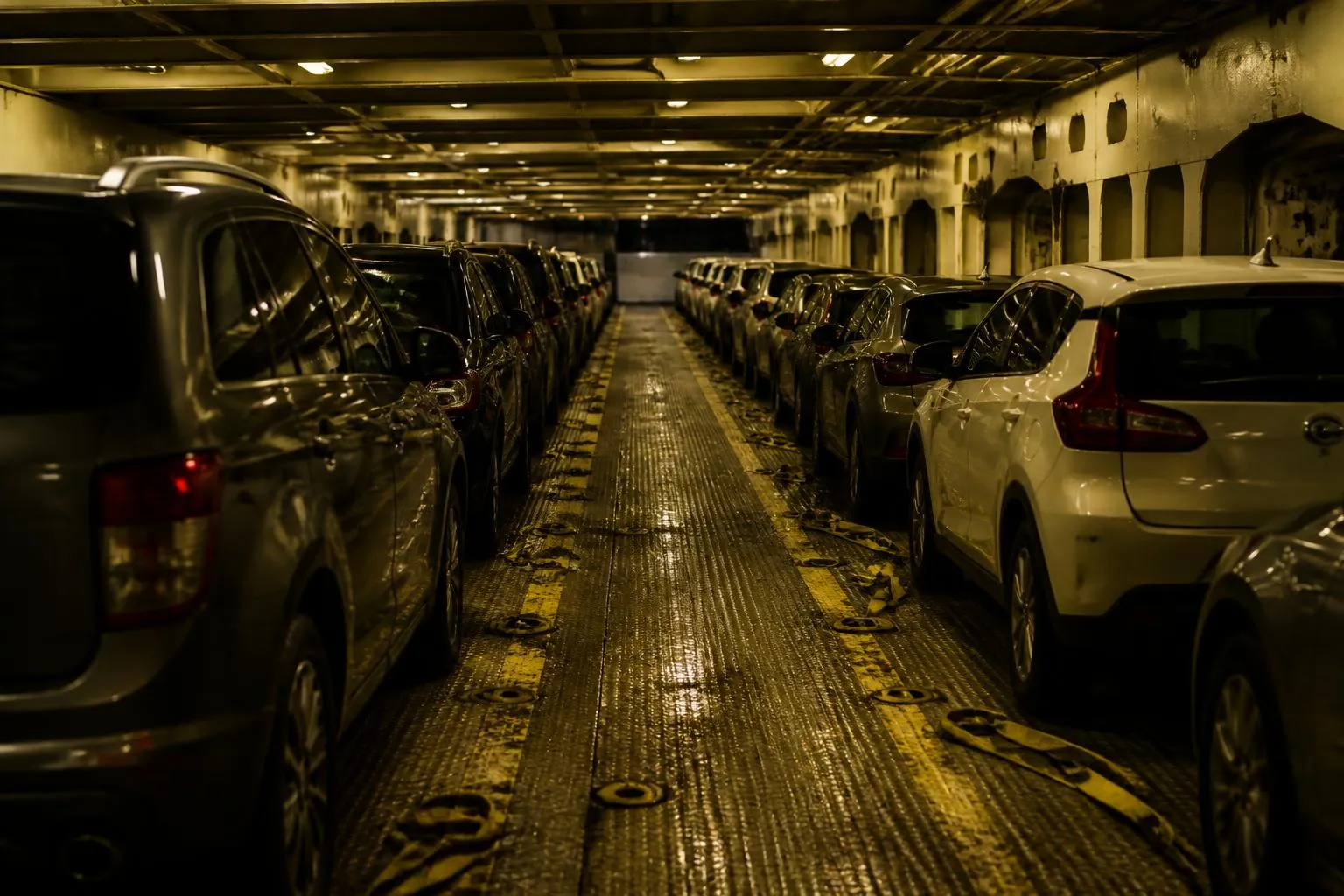 Un pont de garage de ferry rempli de voitures serrées, sous les tubulures et l'éclairage jaune du navire