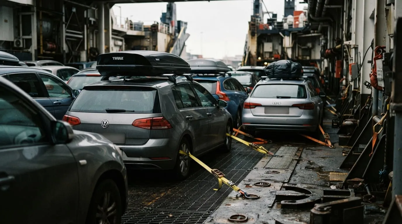 Le pont-garage d’un ferry en cours de chargement, voitures rangées pare-chocs contre pare-chocs, coffres de toit et sangles d’arrimage