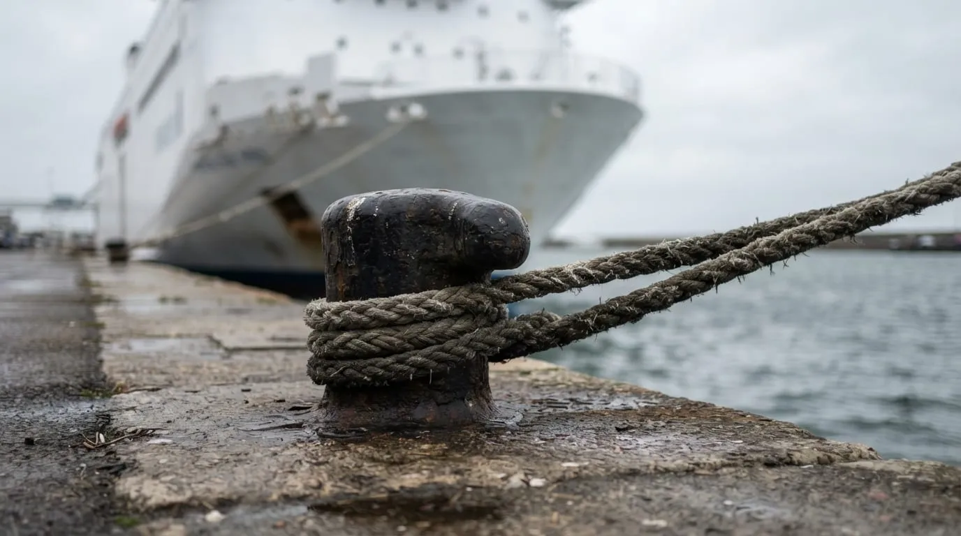 Un bollard d’amarrage et son aussière sur le quai, la coque d’un ferry derrière.