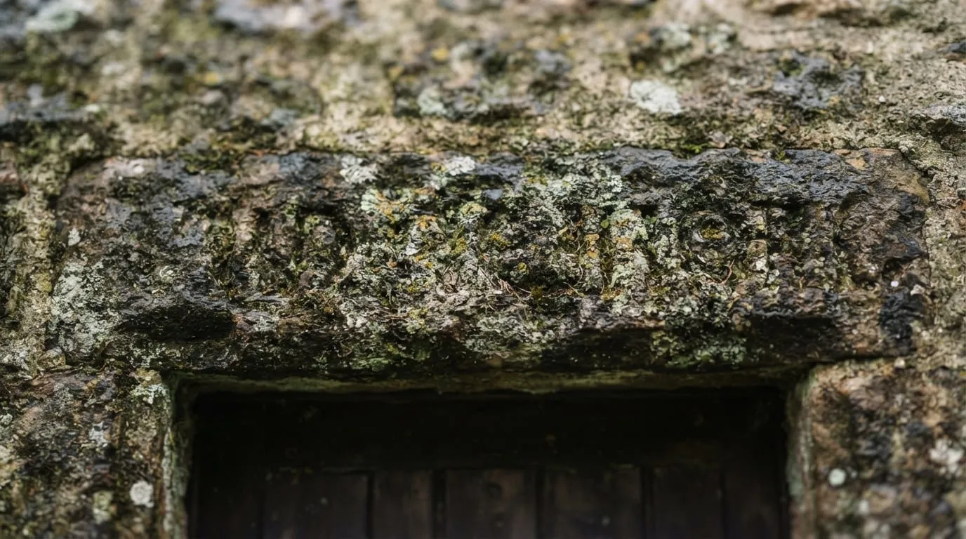 Une inscription gravée dans la pierre d’un linteau, chiffres usés, lichen dans le creux des lettres