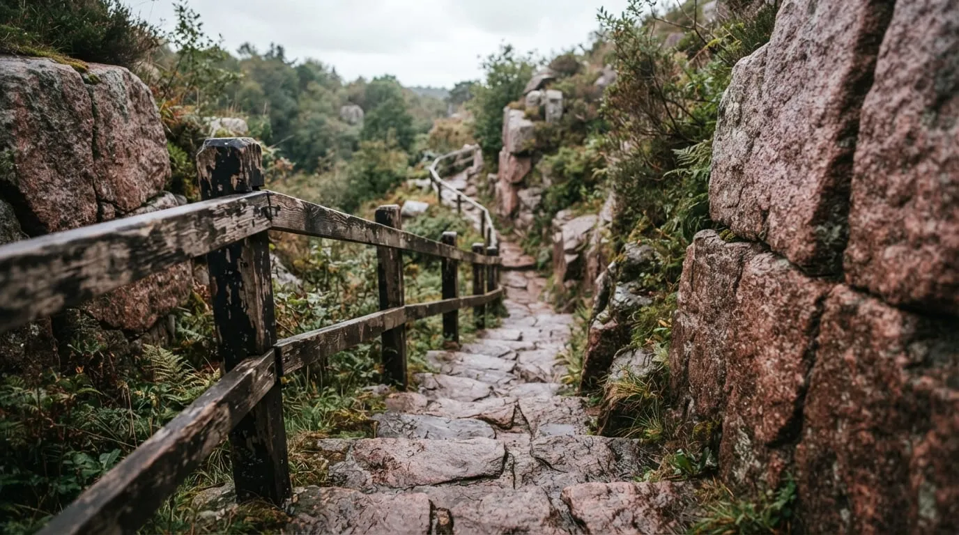 Le sentier de descente de Ficajola, marches de pierre irrégulières entre des blocs de granite rouge, garde-corps de bois usé