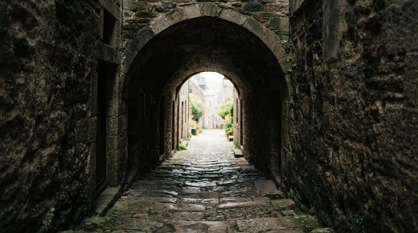 Un passage voûté de ruelle en granit, marches usées au centre, un rai de lumière au fond