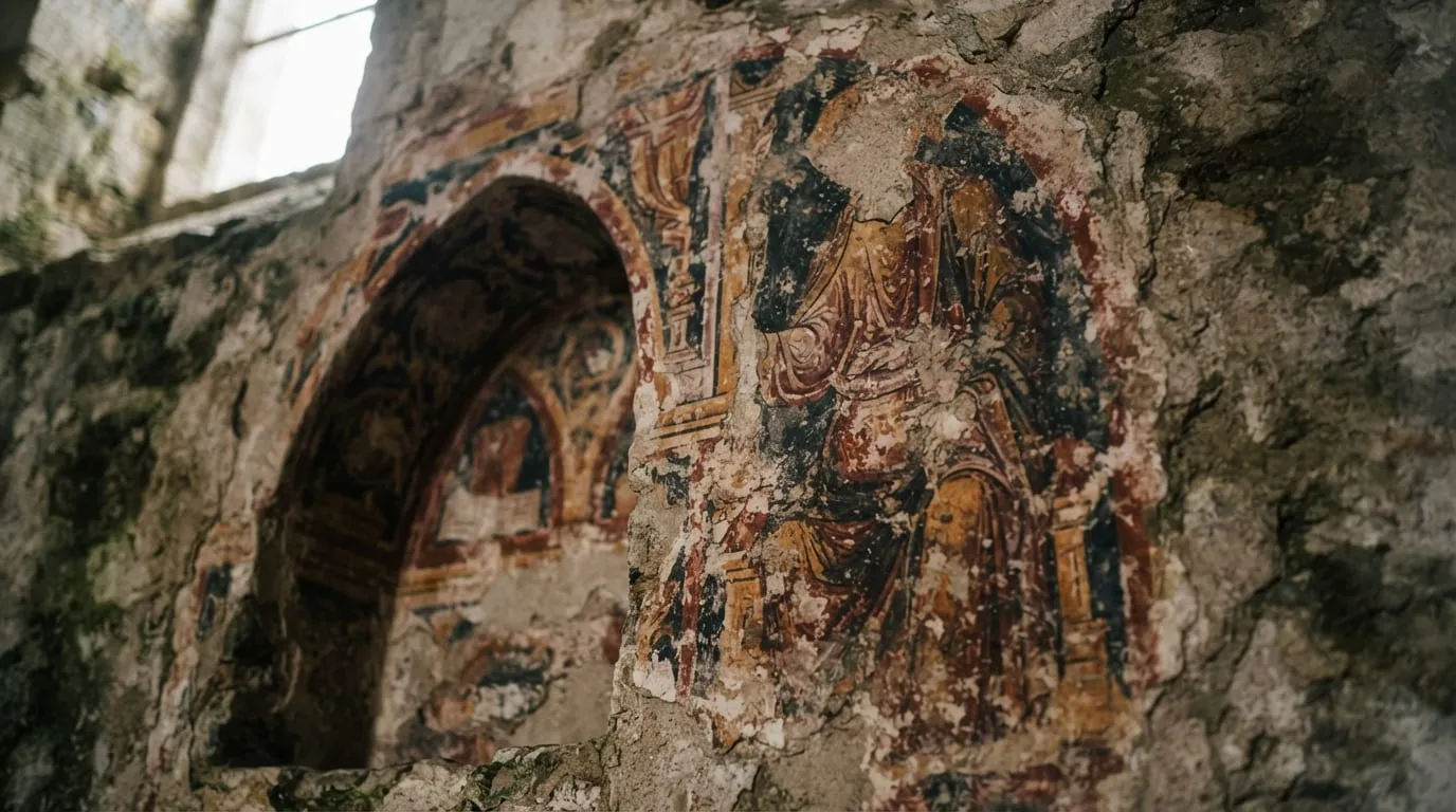 Un fragment de fresque médiévale écaillée sur un mur de chapelle, ocres et rouges, éclairé de biais