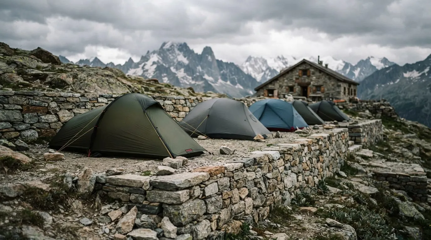 Des emplacements de bivouac terrassés en pierre sèche devant un refuge de montagne, tentes basses alignées sur le replat
