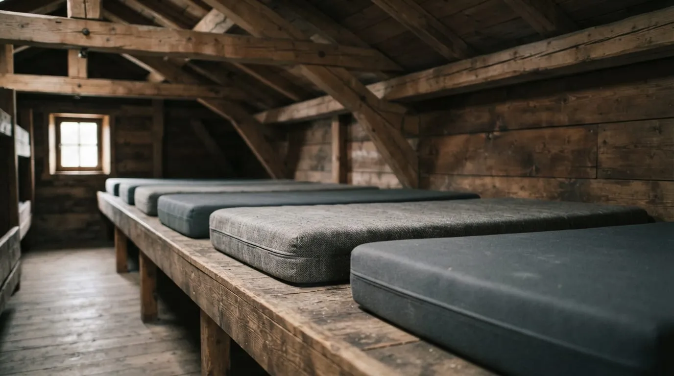 Un bât-flanc vide dans un dortoir de refuge de montagne, matelas nus alignés sous une charpente de bois, aucune couverture