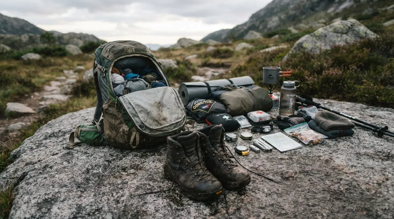 Un sac de randonnée ouvert sur une dalle de granite, son contenu étalé à côté, chaussures à tige haute posées devant