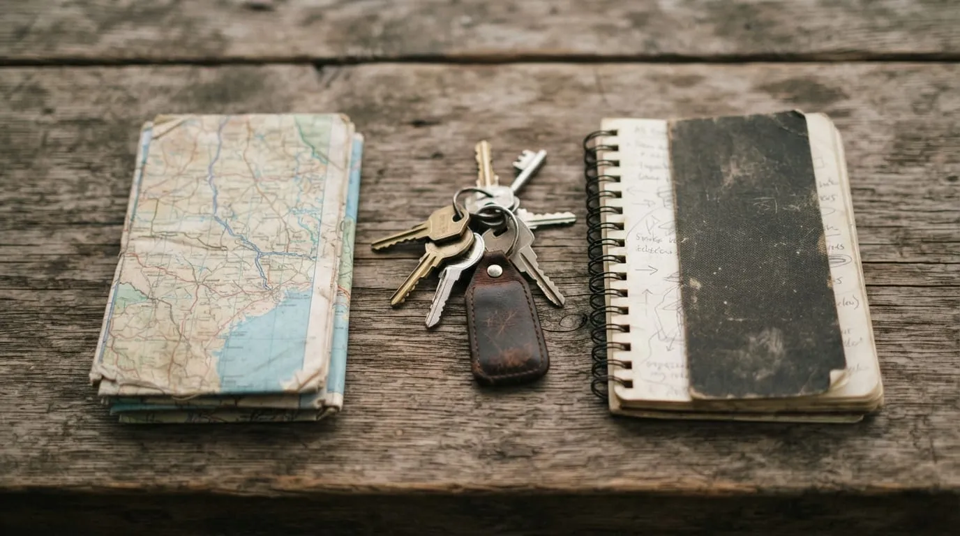 Une carte routière pliée, un trousseau de clés de voiture et un carnet à spirale posés côte à côte sur une table en bois