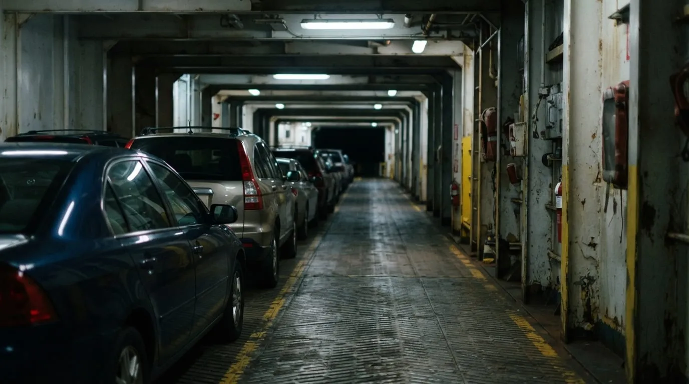 Un pont-garage de ferry en enfilade, voitures serrées entre les cloisons peintes, sol métallique