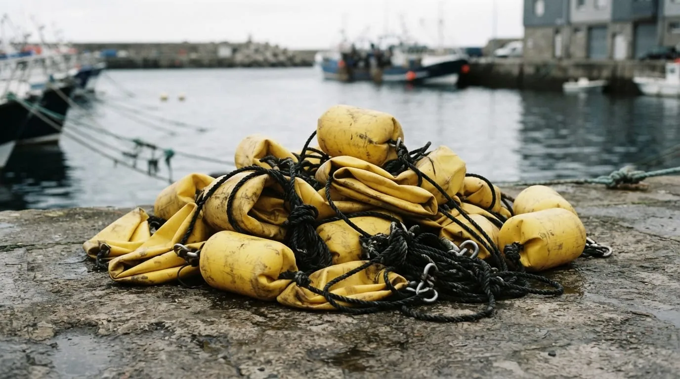 La ligne de bouées jaunes du balisage de baignade, dégonflée et enroulée en tas sur un quai de port