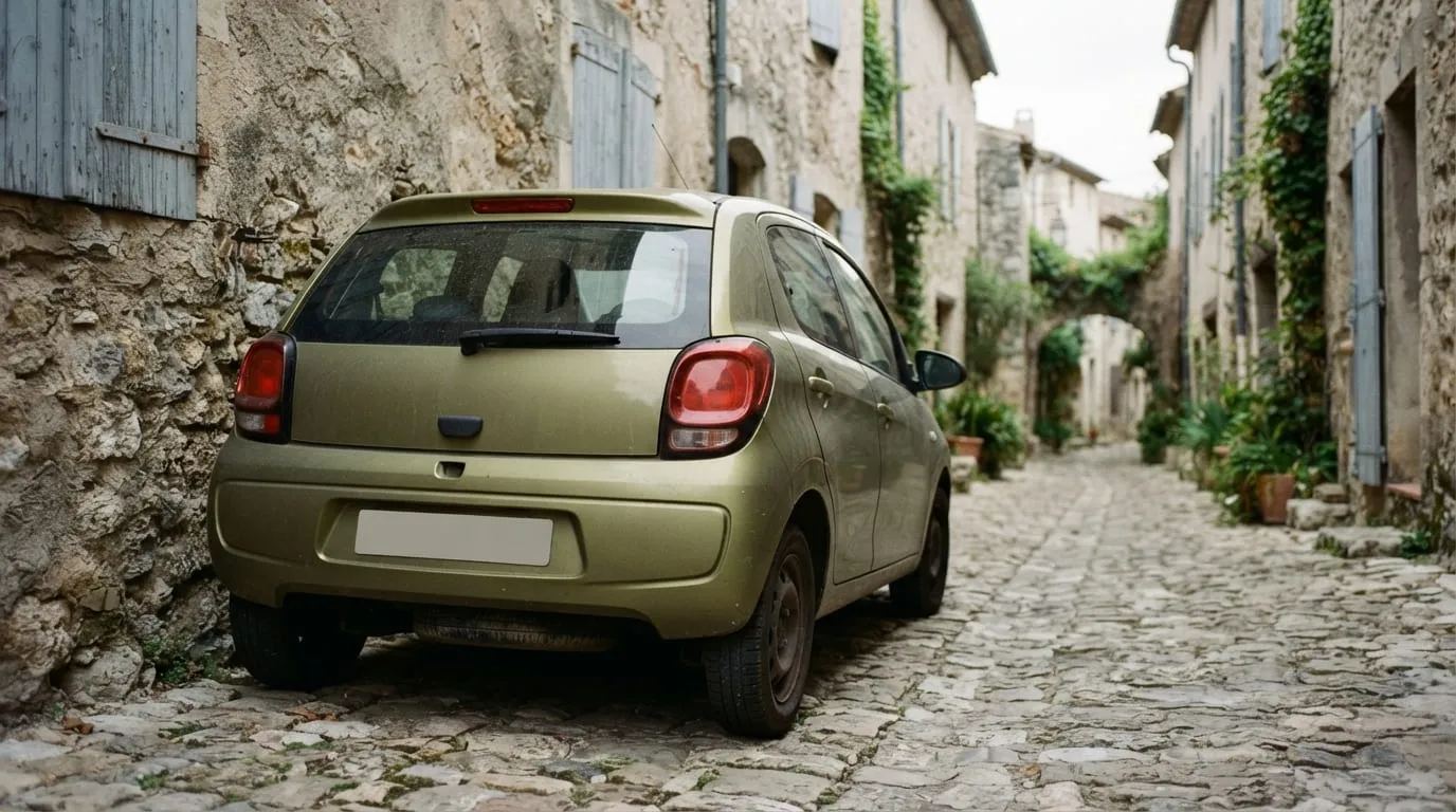 Une petite voiture citadine garée en épi contre un muret de pierre dans une ruelle de village, vue de trois quarts arrière
