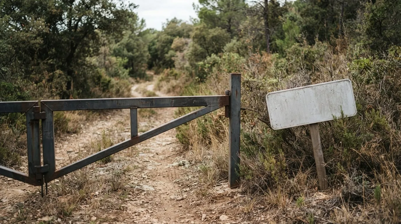Panneau d'information et barrière métallique fermant une piste forestière à l'entrée d'un massif corse