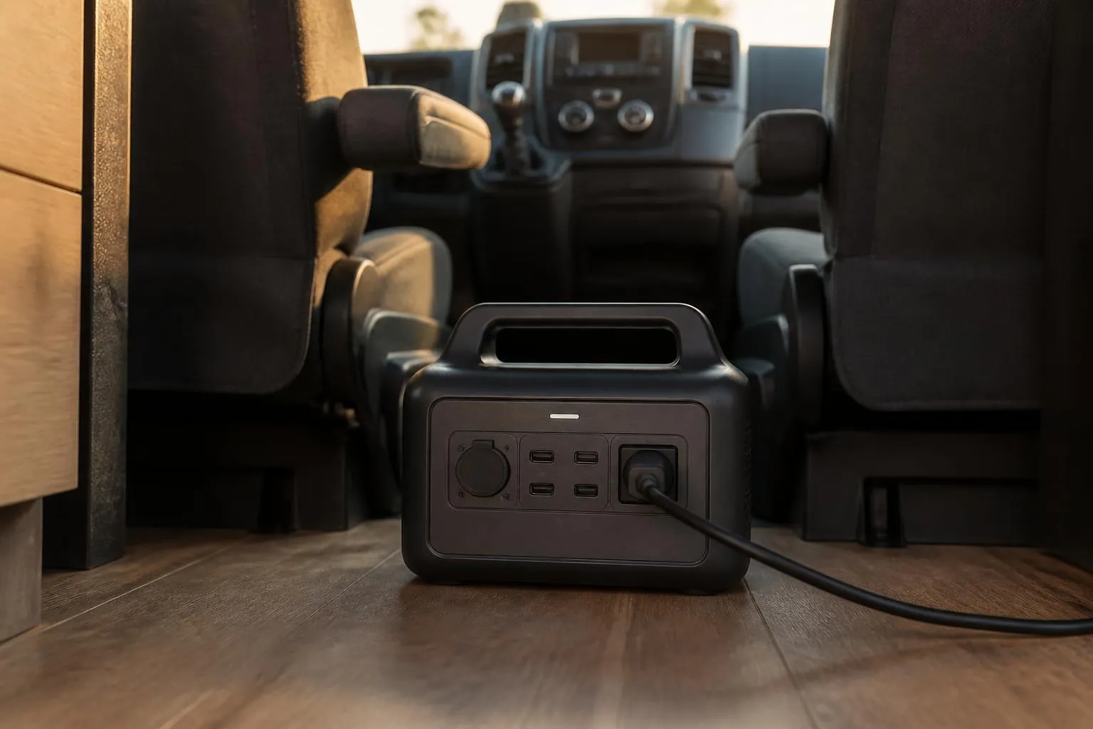 une petite station électrique portable posée sur le plancher en bois d'un fourgon aménagé, entre les deux sièges avant, un câble branché, lumière de fin de journée