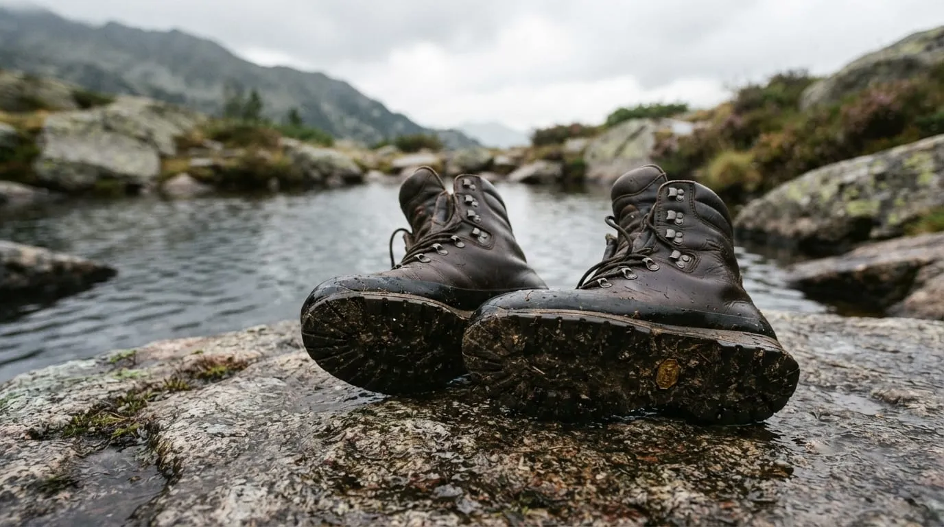 Une paire de chaussures de marche à tige haute posée sur une dalle de granite humide au bord d'une vasque, semelles tournées vers l'objectif