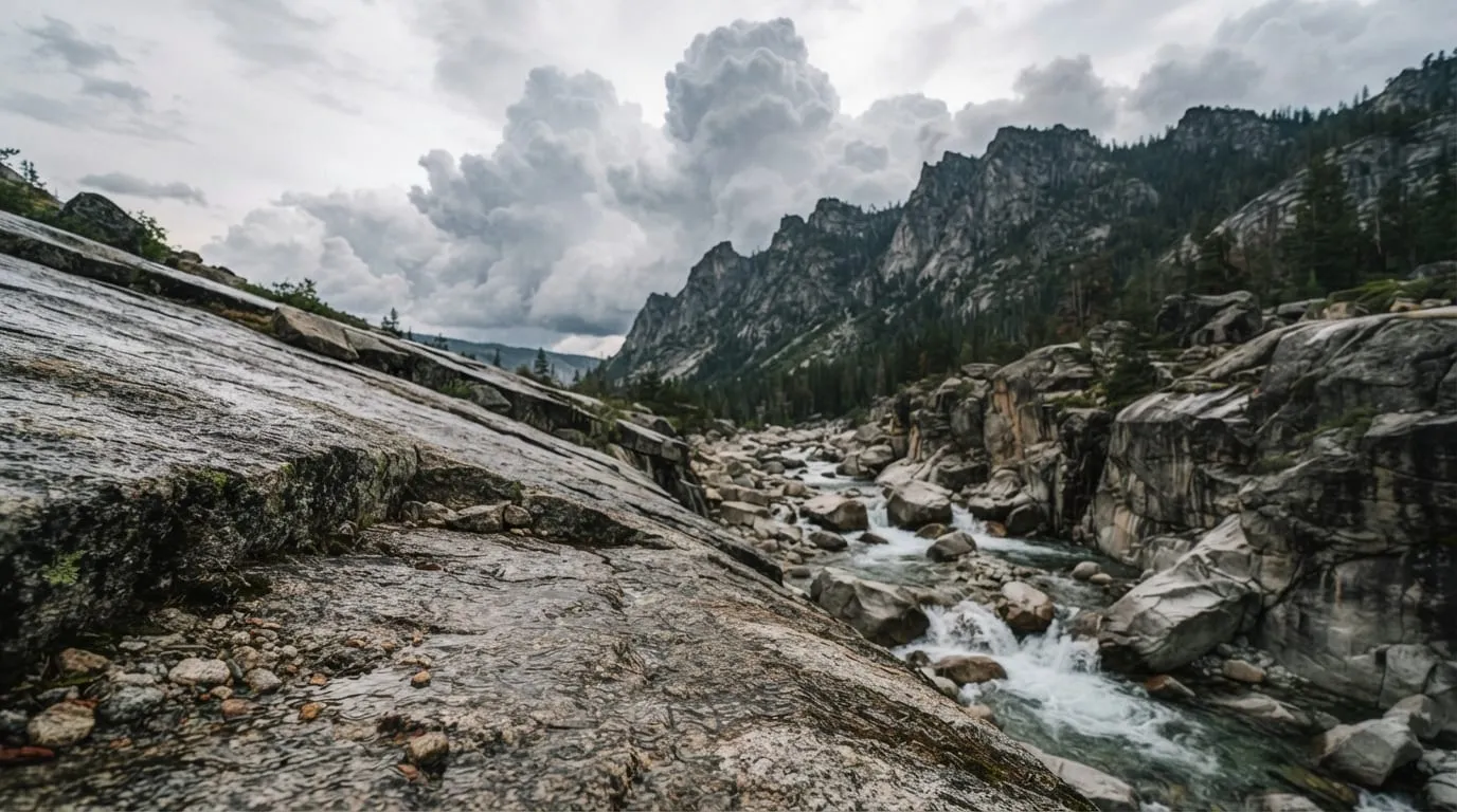Le lit d'une rivière de granite vu depuis une dalle, avec en arrière-plan des nuages de développement vertical au-dessus d'une crête
